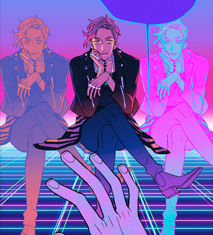 Illustrated characters in pink and violet